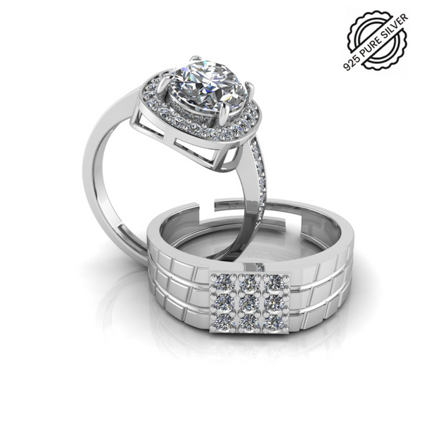 Pure 925 Silver Queens Cut Diamond Special Couples Ring