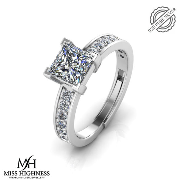 925 Pure Sterling Silver Princess Diamond Cut Ring for Ladies