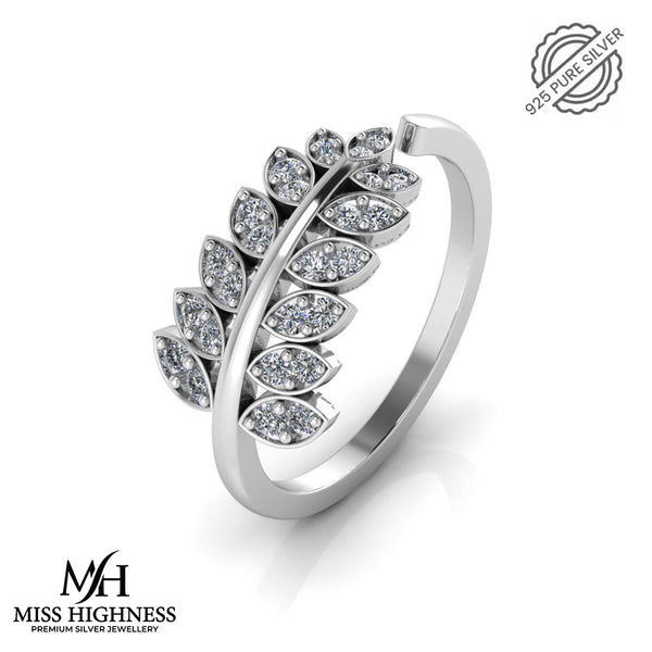 925 Sterling Silver leaf shape zircon studded Freesize Ring