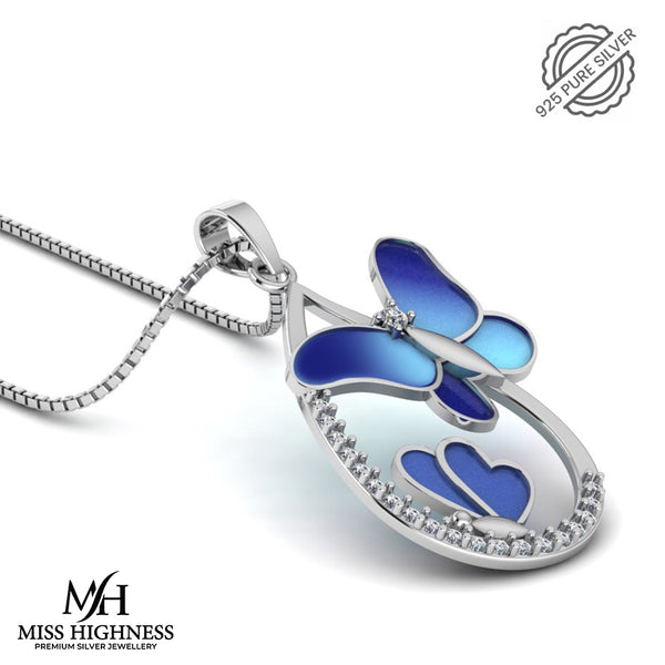 Pure 925 Silver Vintage Blue Butterfly Pendant for Ladies