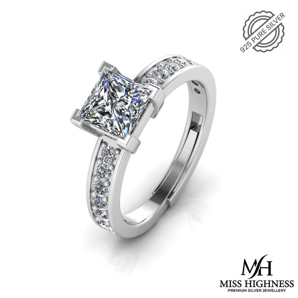 925 Pure Sterling Silver Princess Diamond Cut Ring for Ladies