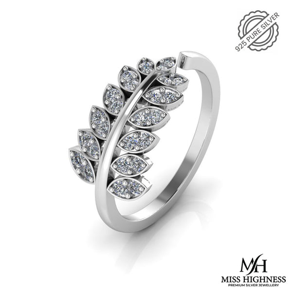 925 Sterling Silver leaf shape zircon studded Freesize Ring