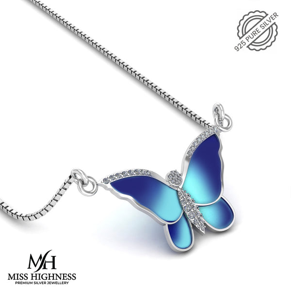 Pure 925 Silver Blue Butterfly Sparkle Pendant for Ladies