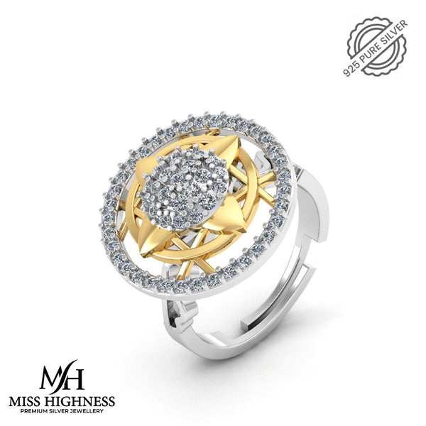 Pure 925 Silver Delicate Halo Gold Stylish Ring For Ladies