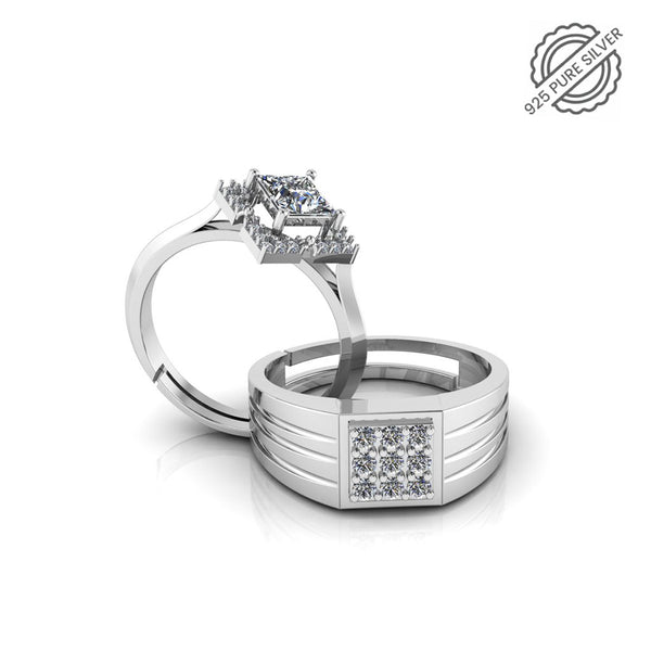 Pure 925 Silver Special  Princess Cluster Couples Ring