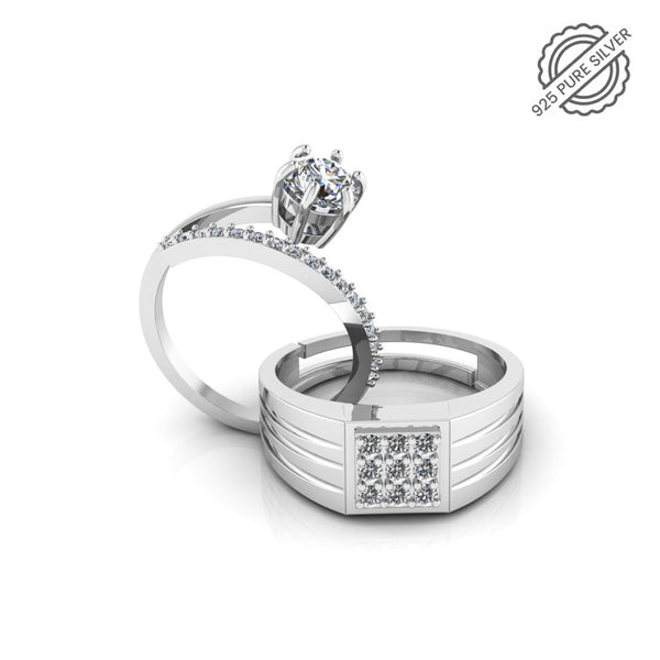Pure 925 Silver Special Cluster Cubic Zircon Couples Ring