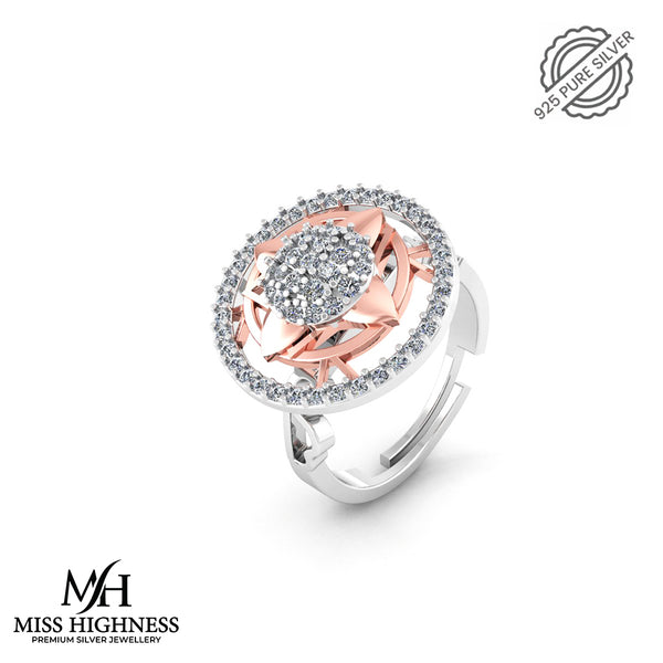 Pure 925 Silver Delicate Halo Rose Gold Stylish Ring For Ladies