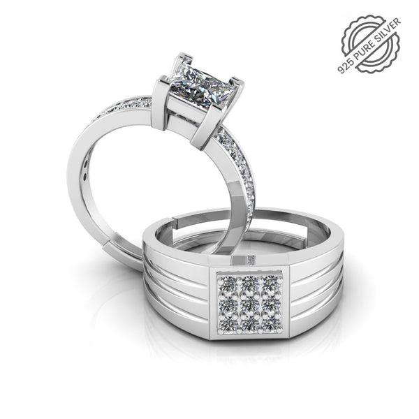 Pure 925 Silver Cluster Princess Diamond Special Couples Ring