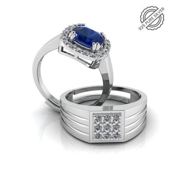 Pure 925 Silver Special Cluster Blue Stone Sapphire Couples Ring
