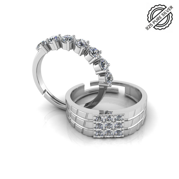 Pure 925 Silver Cut Diamond Studded Ring For Couples