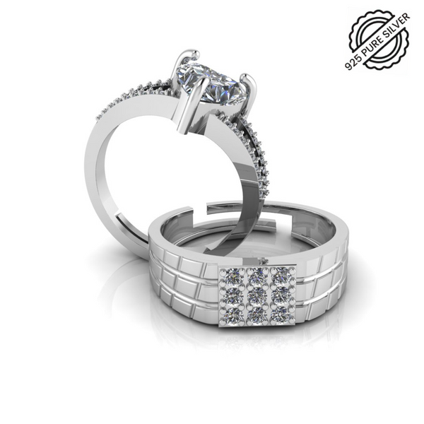 Pure 925 Silver Cut Diamond Royal Heart Couples Ring