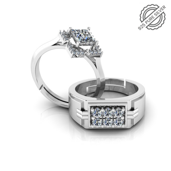 Pure 925 Silver Princess Cluster Hip Hop Couple's Ring