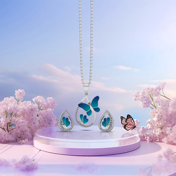 Pure 925 Silver Blue Butterfly Necklace & Earring Set with Sparkling Crystals